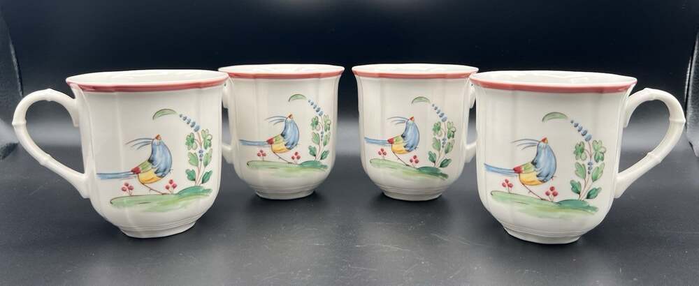Villeroy & Boch Jardin d'Alsace Fleur 8oz Coffee Mugs with Bird Set of 4 Germany